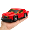 A red Tornado Intercept Vehicle 3D printed display model is held in a hand against a black background.