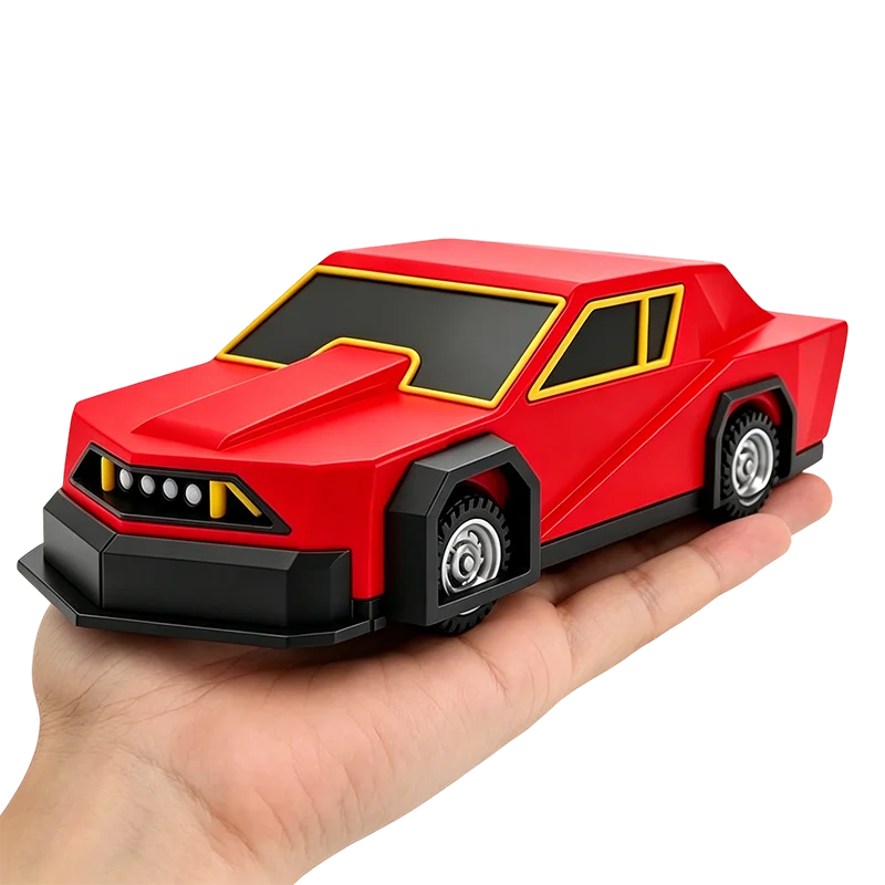 A red Tornado Intercept Vehicle 3D printed display model is held in a hand against a black background.