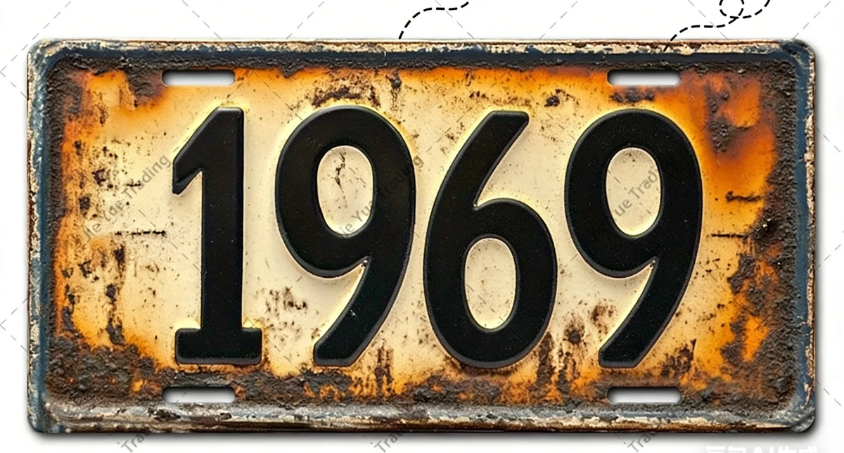 Letrero de aluminio vintage con el año 1969 grabado, mostrando signos de envejecimiento y pátina.