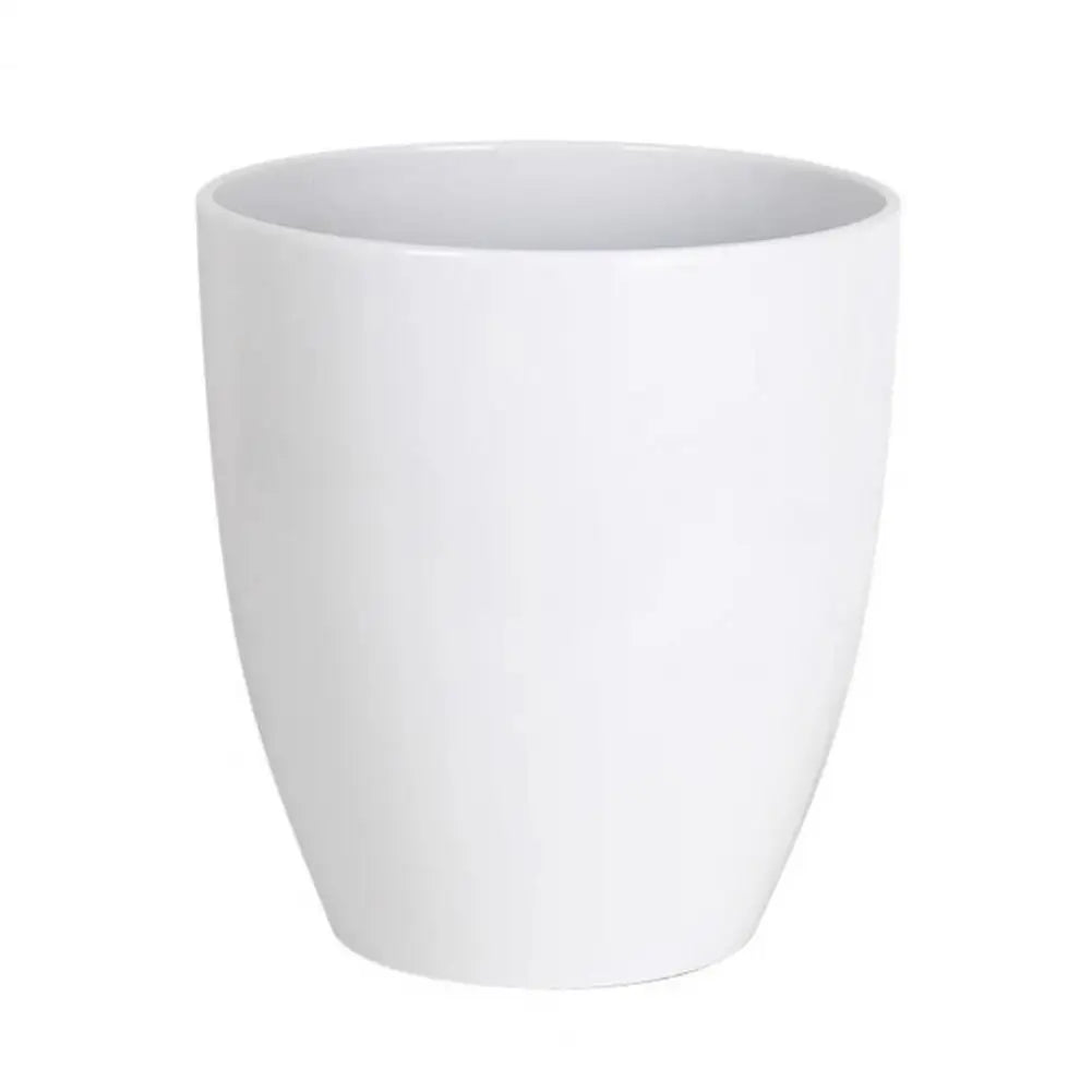 A white, cylindrical resin planter with a saucer.