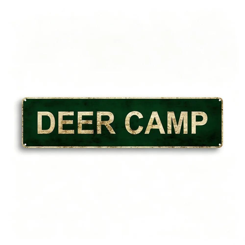 A rectangular, dark green metal tin sign with gold lettering that reads DEER CAMP.