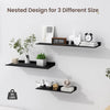Three nested floating metal wall shelves displaying various decorative items like plants, clocks, and books.