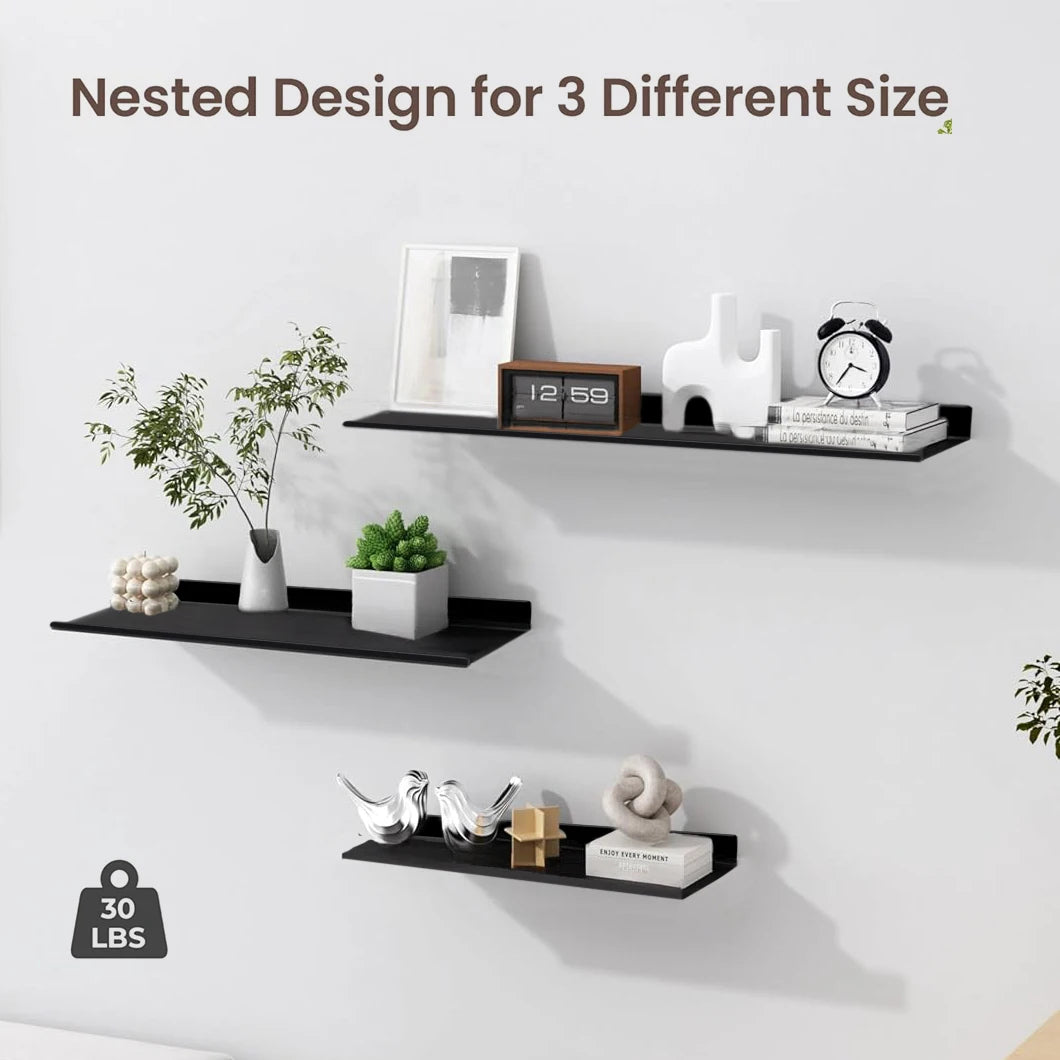 Three nested floating metal wall shelves displaying various decorative items like plants, clocks, and books.