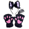 Black faux fur cat paw gloves with pink pads and a purple decorative headband