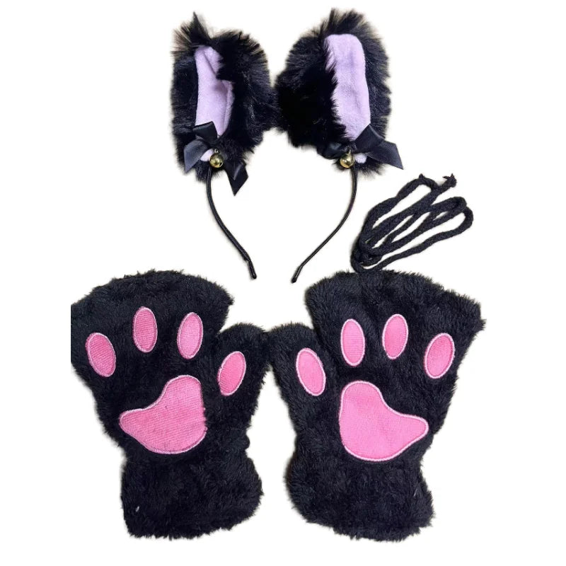 Black faux fur cat paw gloves with pink pads and a purple decorative headband