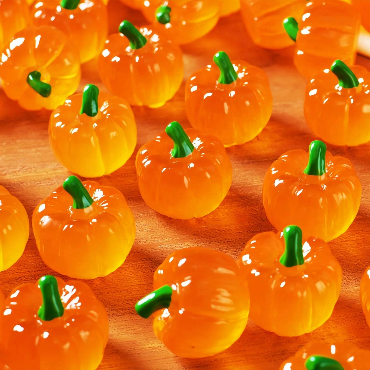 A collection of small, bright orange artificial pumpkins with green stems scattered on a textured surface.