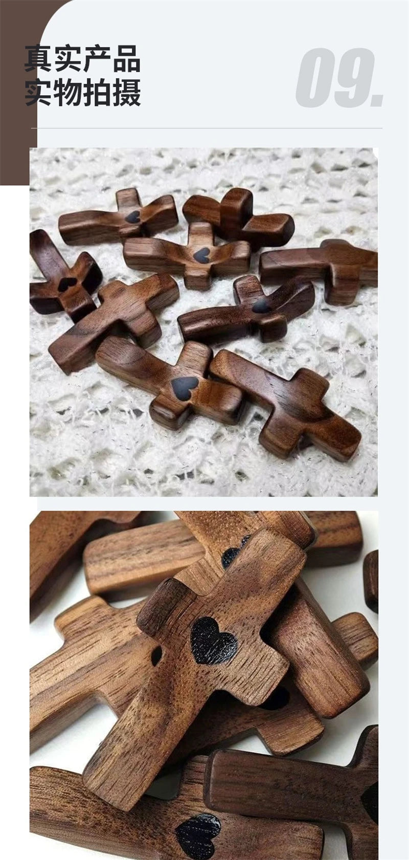 A collection of handcrafted wooden crosses with epoxy hearts, displayed on a light surface.