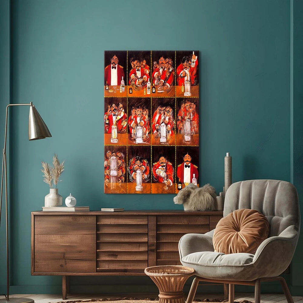 A canvas print featuring vintage cocktail illustrations of martinis and other drinks displayed on a wooden cabinet.
