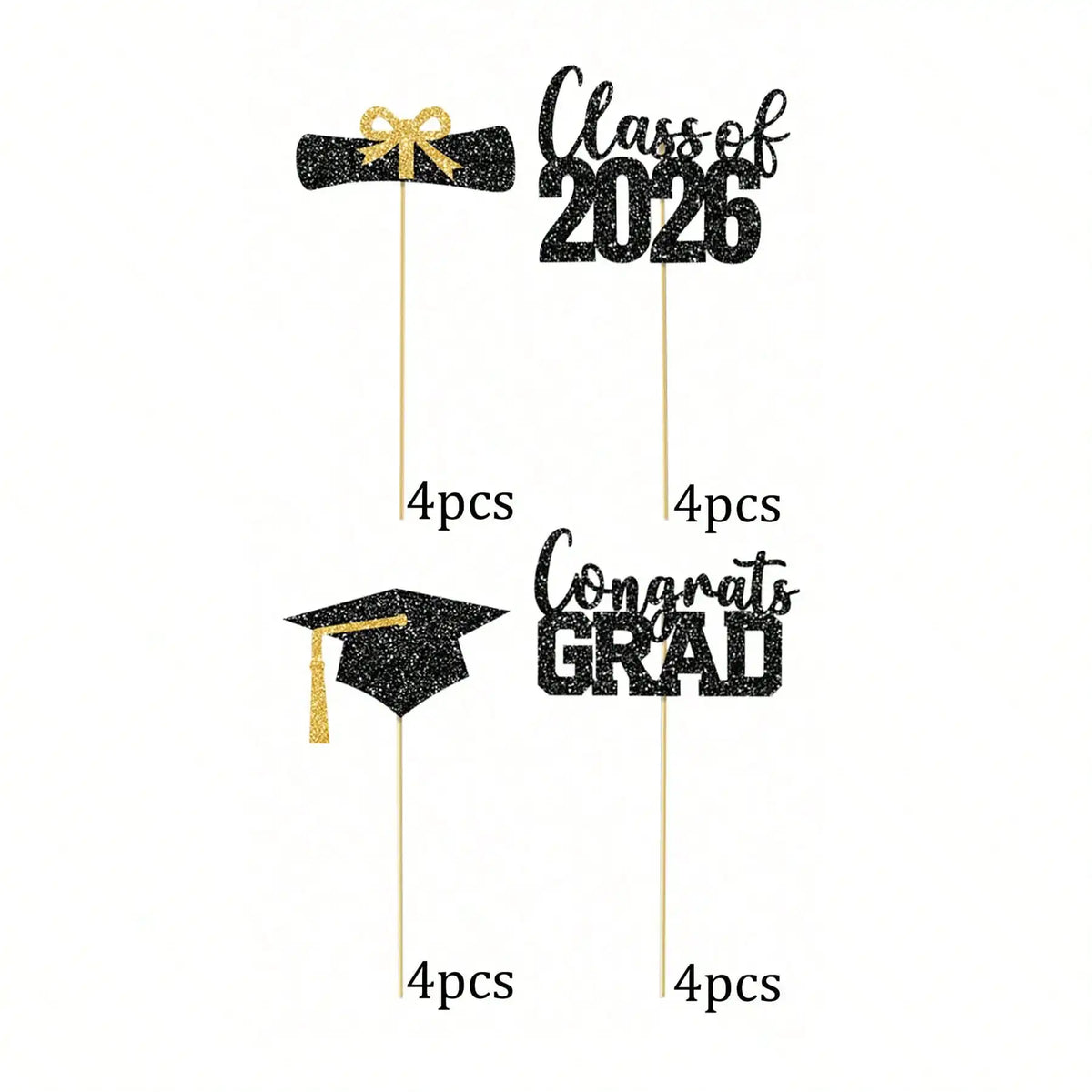 A set of black and gold glitter graduation cake toppers featuring 'Class of 2026' and 'Congrats Grad' text.