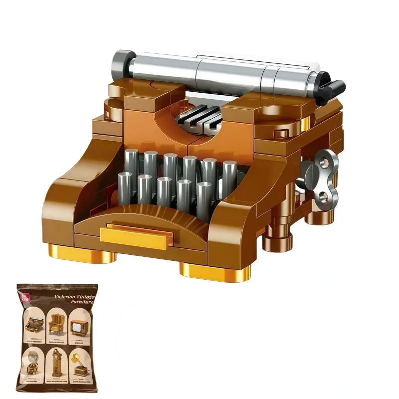 A vintage home building block set featuring six miniature furniture and appliance models in brown and silver colors.