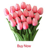 A bouquet of pink tulips in a green pot for home and event decor.