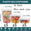 A set of plastic deli containers in various sizes, including 8oz, 16oz, and 32oz, packaged in a 15-pack.