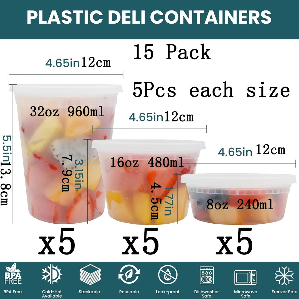A set of plastic deli containers in various sizes, including 8oz, 16oz, and 32oz, packaged in a 15-pack.