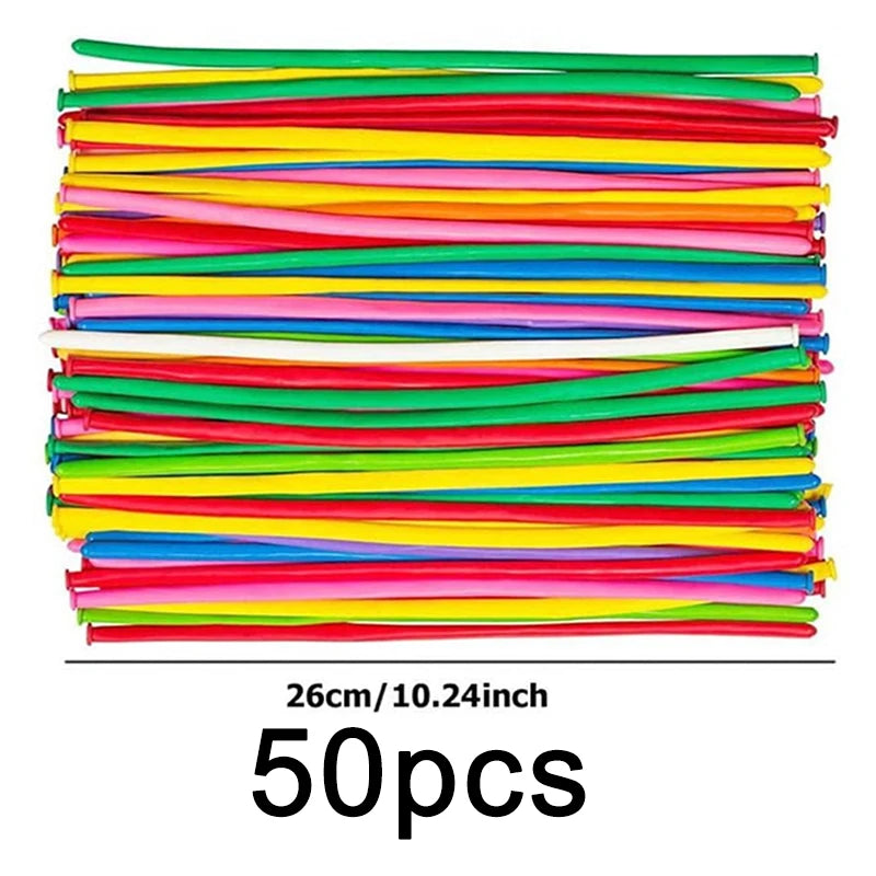 A stack of 50 assorted latex balloons in various bright colors like yellow, pink, green, and blue.