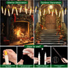 Flameless floating candles shown with interior and outdoor decorations, along with instructions on how to use them.