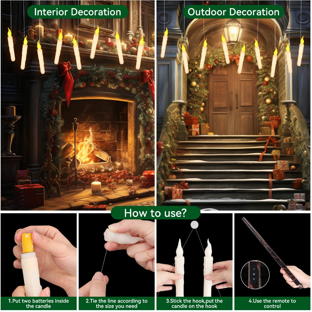 Flameless floating candles shown with interior and outdoor decorations, along with instructions on how to use them.