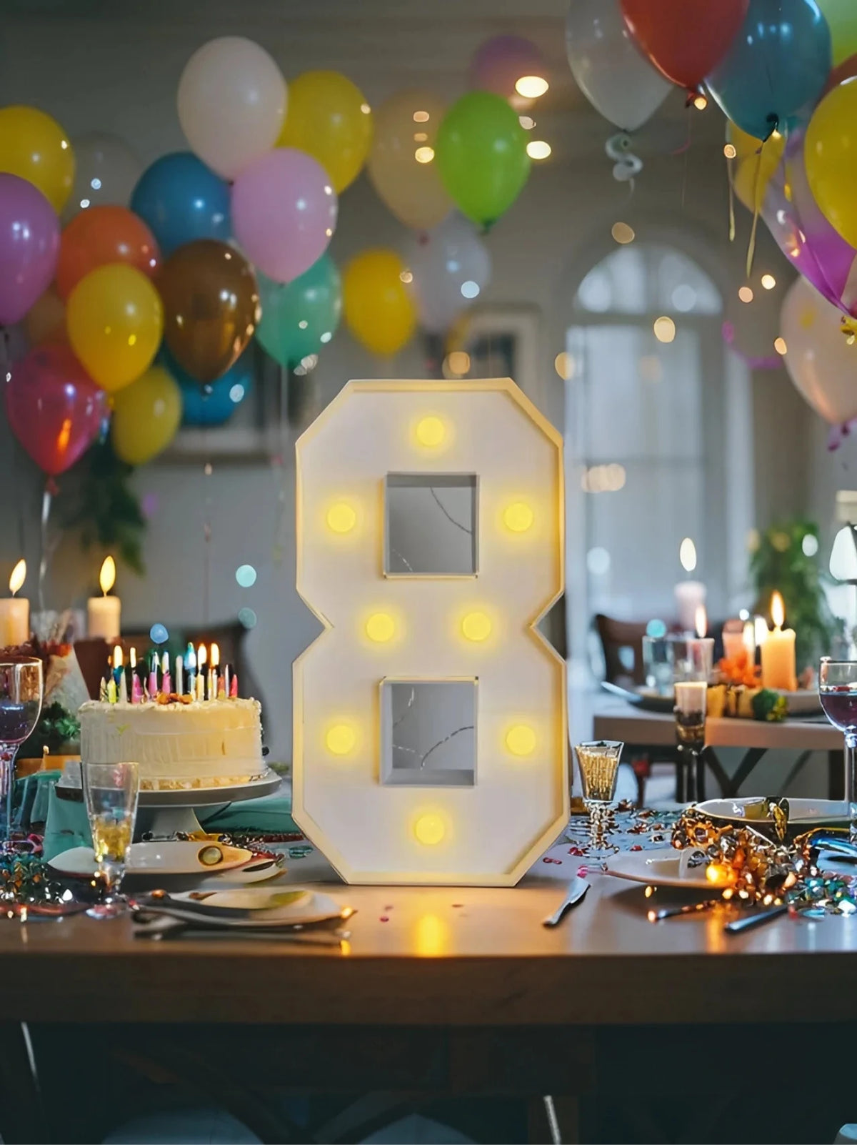 A glowing LED marquee number 8 frame sits on a table surrounded by balloons and birthday decorations.