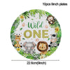 Ten 9 inch plates featuring a Wild One theme with jungle animals like a monkey, elephant, and lion.