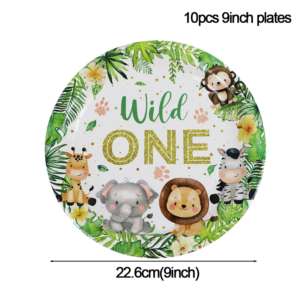 Ten 9 inch plates featuring a Wild One theme with jungle animals like a monkey, elephant, and lion.