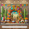 A vibrant Mexican fiesta backdrop featuring colorful cacti, flowers, and decorative elements for photography.