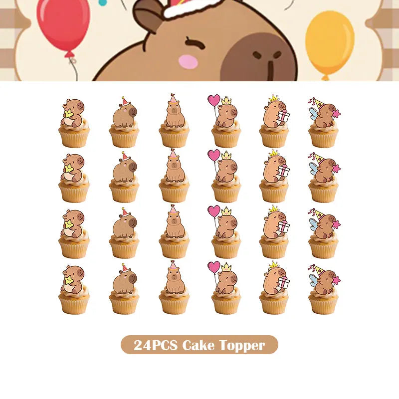 A set of 24 cute capybara cake toppers for birthday party decorations