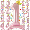 A collection of pink aluminum foil crown number balloons forming the number one.