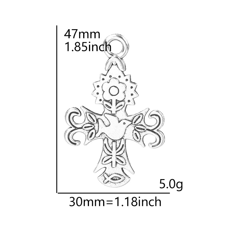 A silver cross charm with a loop, measuring 47mm long and weighing 5.0 grams.