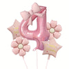 Pink foil number balloon shaped like the number 4 with a flower bow and a pink star balloon