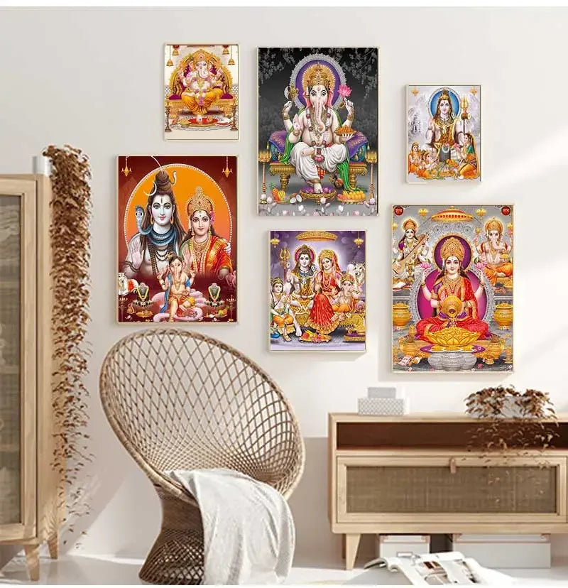 A collection of canvas art prints featuring deities like Ganesha, Shiva, and Parvati in vibrant colors.