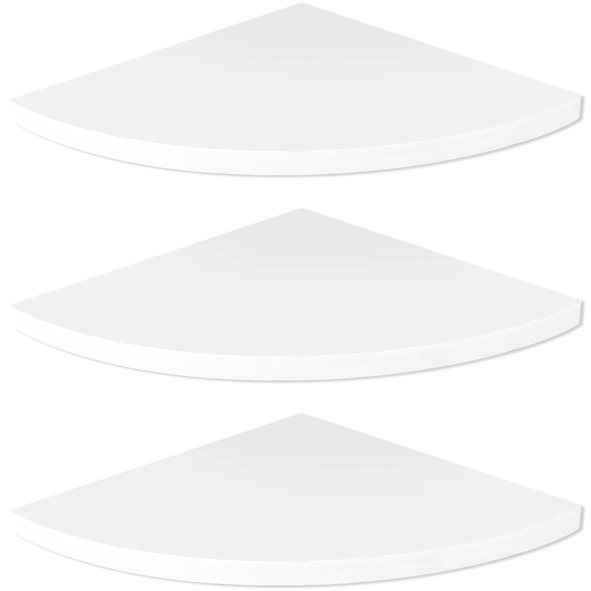 Three white wall-mounted corner shelves shown from a top-down perspective.