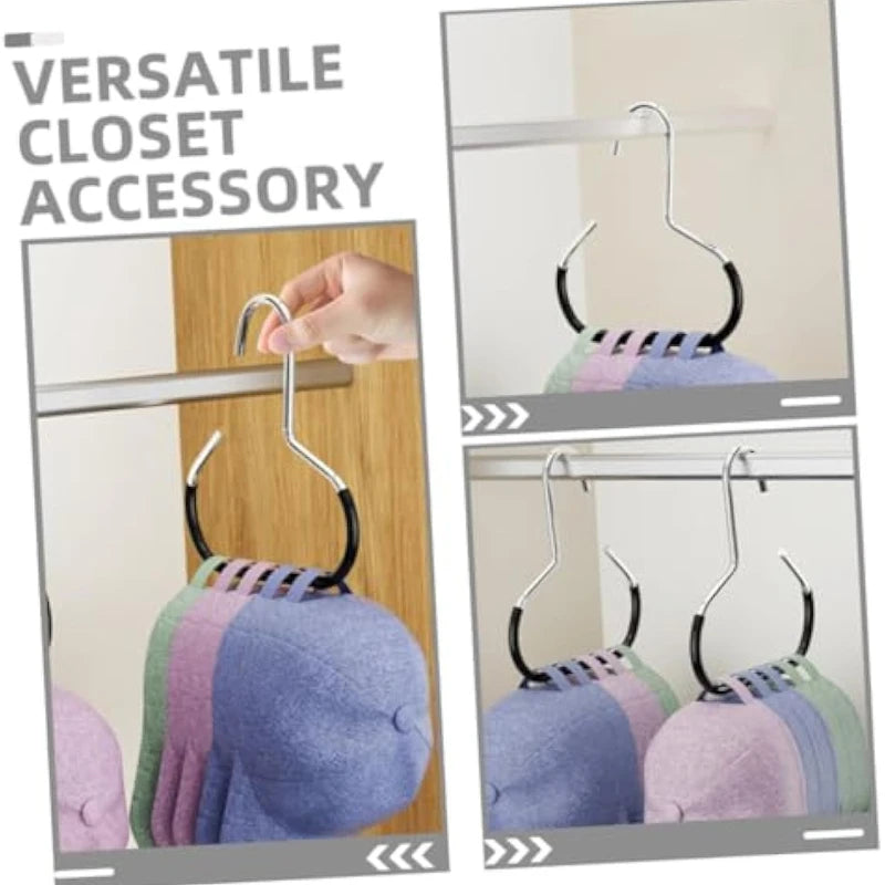 A versatile closet accessory showing a round hook used to hang various hats, scarves, and bags.