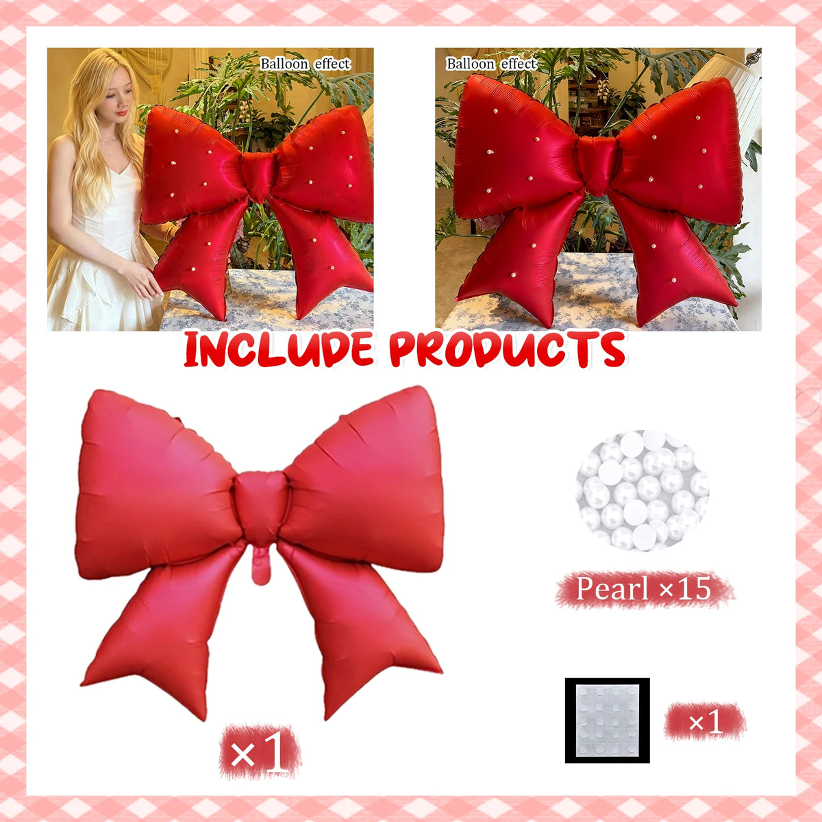 Red satin bow balloon weight with pearl accents for party decorations
