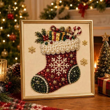 A framed diamond painting depicting a red and green Christmas stocking with white pearls and snowflakes.