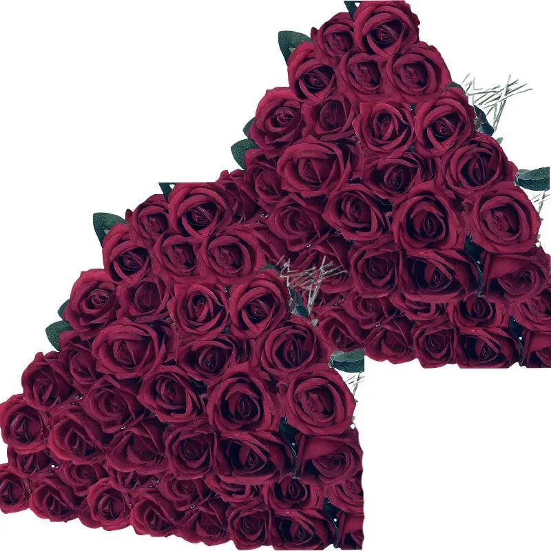 A dense bouquet of deep red velvet artificial roses for weddings and home décor.