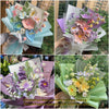 A collection of handmade crochet flowers in shades of pink, purple, and blue arranged in decorative bouquets.
