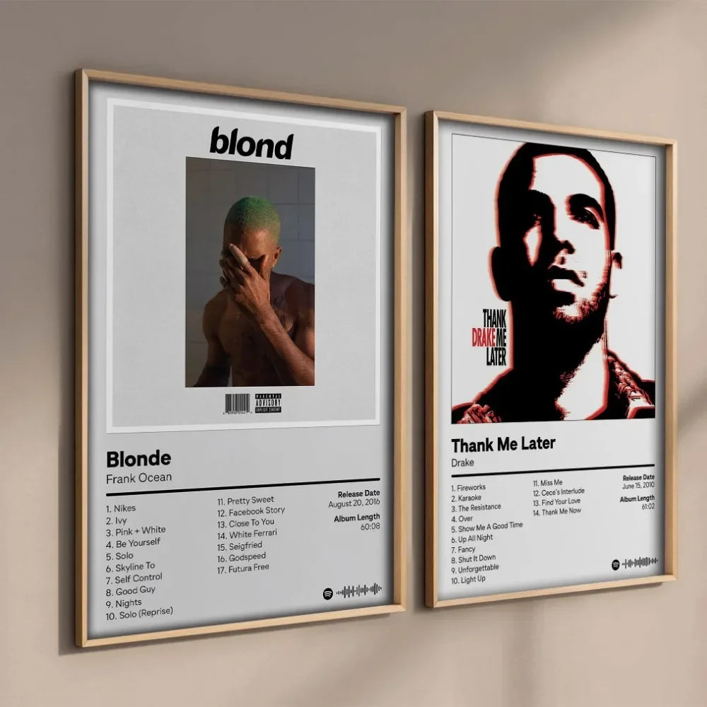 A framed canvas wall art featuring the Drake album cover for Blond, displayed in a modern home setting.