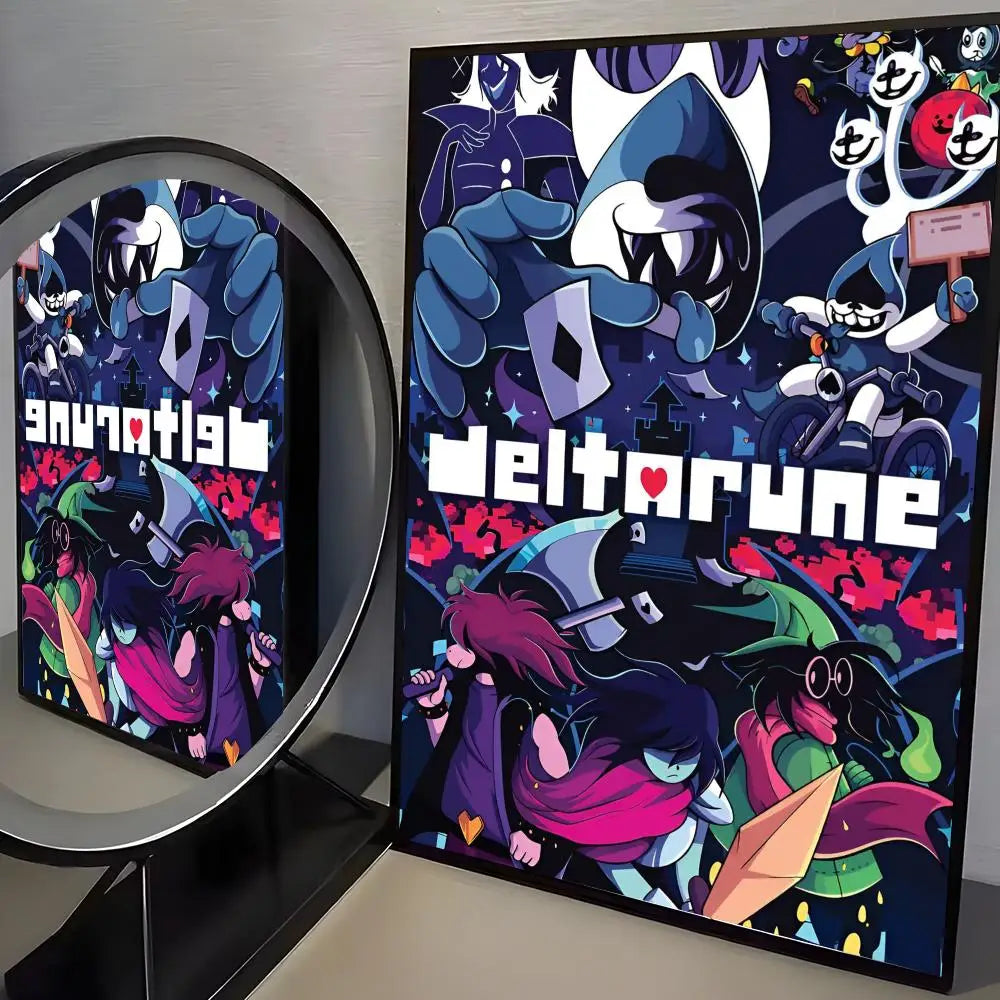 A poster featuring Deltarune characters and artwork with purple, pink, and blue tones.