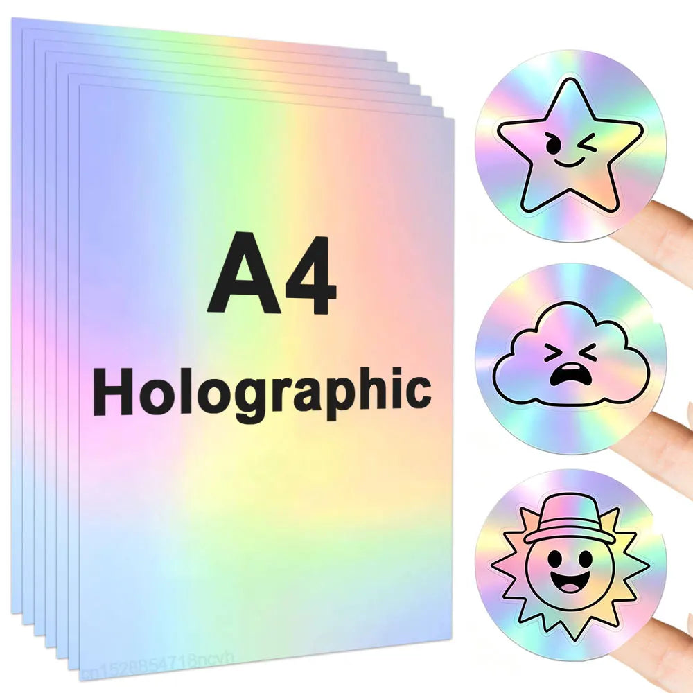 A stack of A4 holographic printable vinyl sticker paper with a star and sun graphic