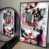 A framed poster featuring dark, intense artwork with red accents and Japanese text on a white background.