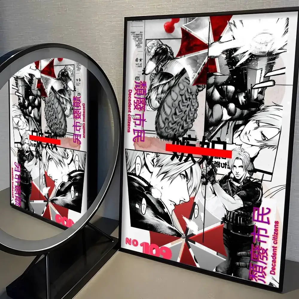 A framed poster featuring dark, intense artwork with red accents and Japanese text on a white background.
