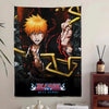 Dunkles Wandteppich mit Anime-Figur spitzer orange Haare und Blut vor schwarzem Hintergrund