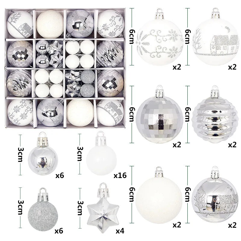 A collection of festive Christmas ball ornaments in various sizes and finishes including white, silver, and gold tones.