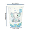 A white disposable party cup featuring a cartoon elephant and blue stars.