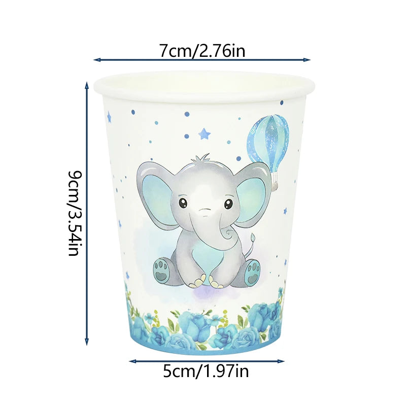 A white disposable party cup featuring a cartoon elephant and blue stars.