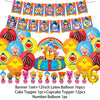 A banner featuring colorful cartoon animals and a set of latex balloons including cake toppers and number balloons