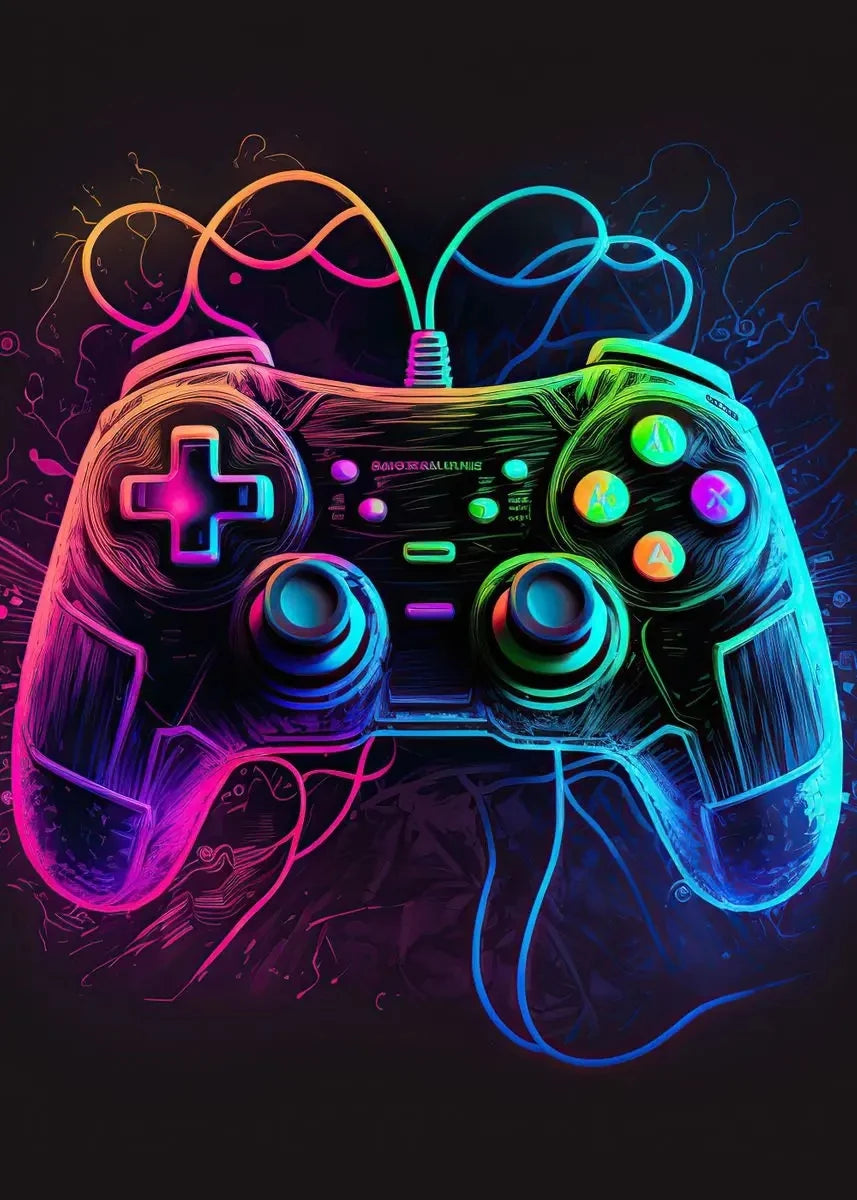 A vibrant neon glow illustration of a gaming controller against a dark background.
