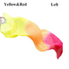 A silk ribbon dance fan showing a yellow to red gradient color transition.