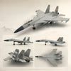 A detailed model of a J-15 fighter jet in gray and orange camouflage, shown from a side angle.