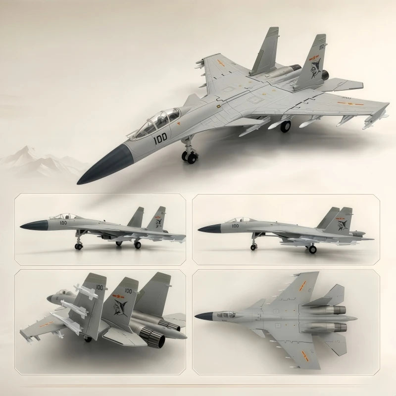 A detailed model of a J-15 fighter jet in gray and orange camouflage, shown from a side angle.