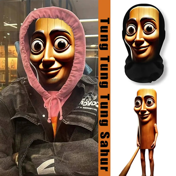 A close-up of a 3D printed novelty face mask featuring a wooden-toned character with large eyes and a pink hood.